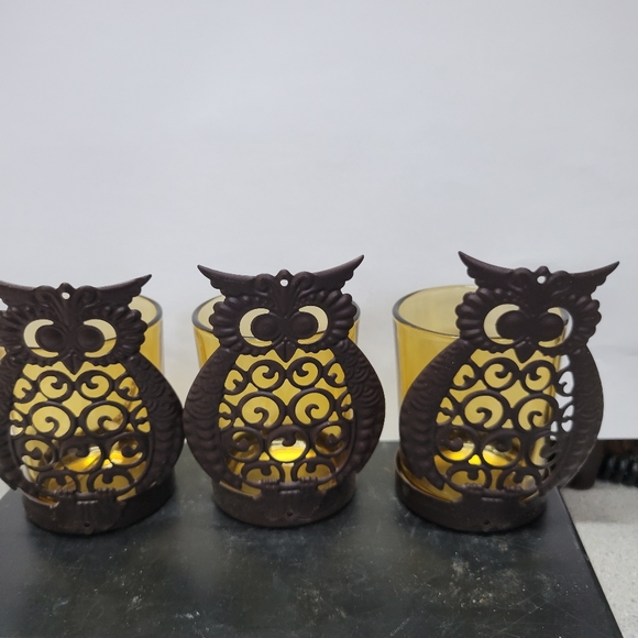 Set of 3 Metal Owl candle holders with glass inser - Picture 5 of 6
